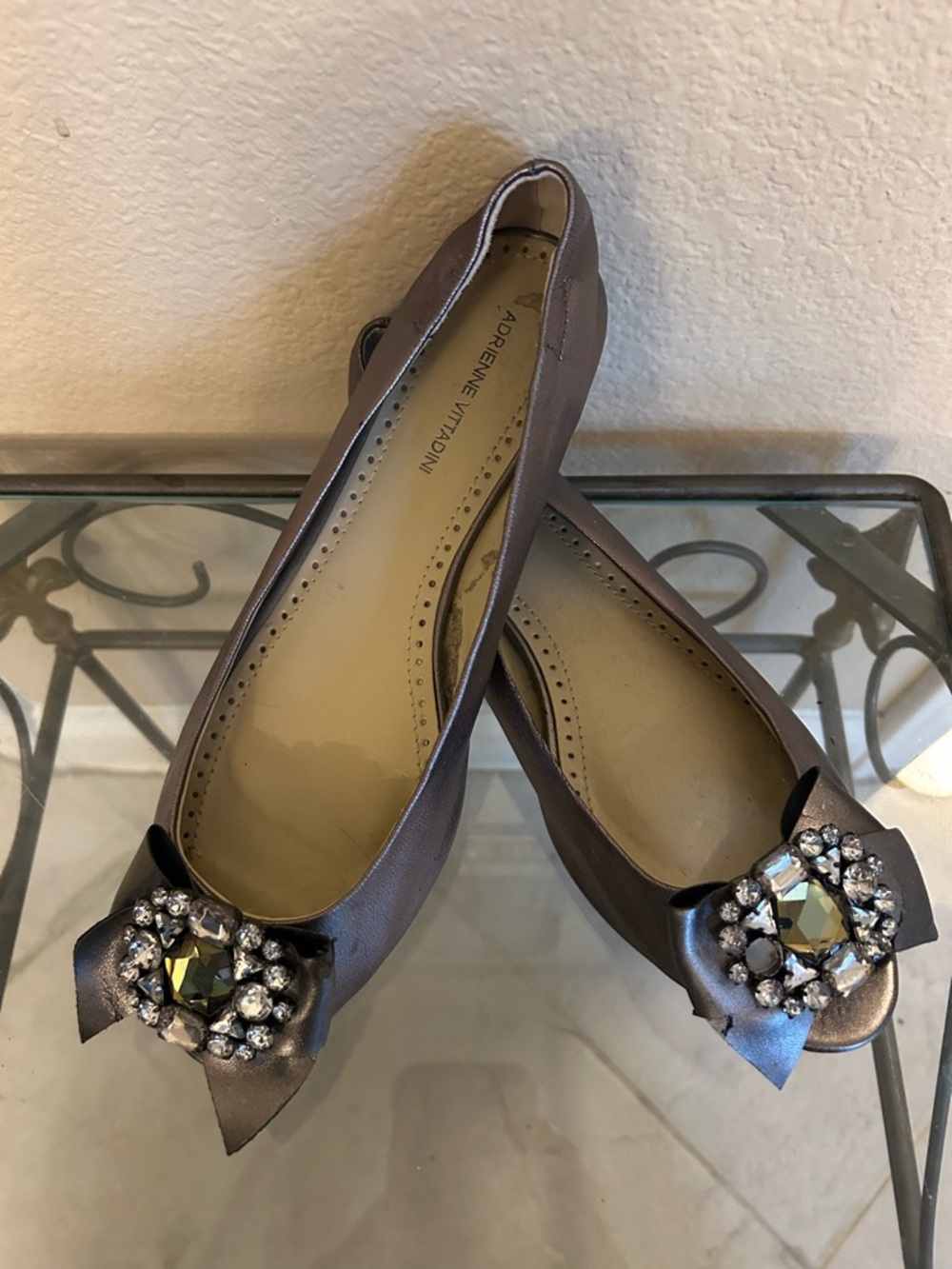 Adrienne Vittadini Taupe Satin Crystal Bow Flats